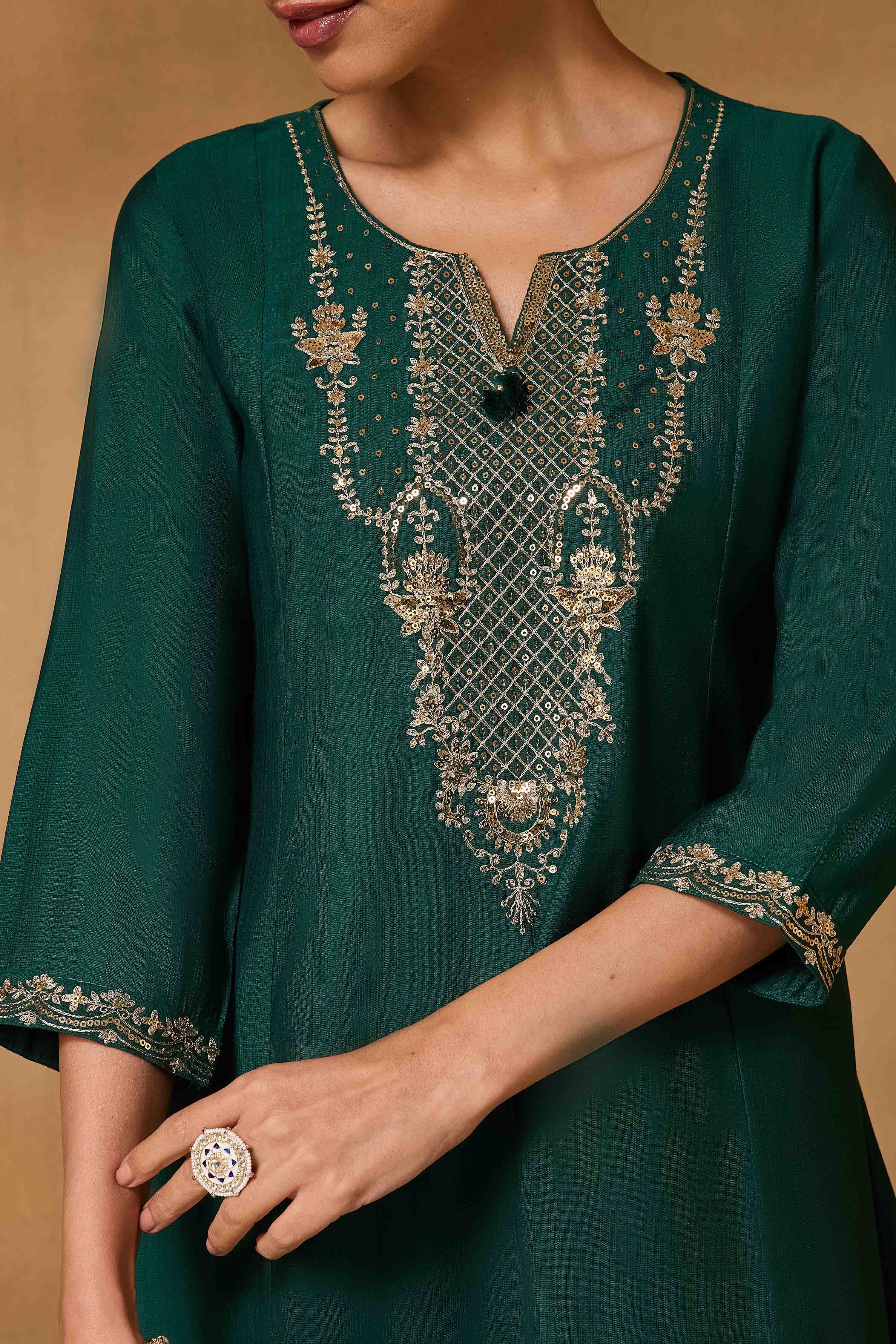 Green Viscose Blend A-Line Solid Suit Set image number 1