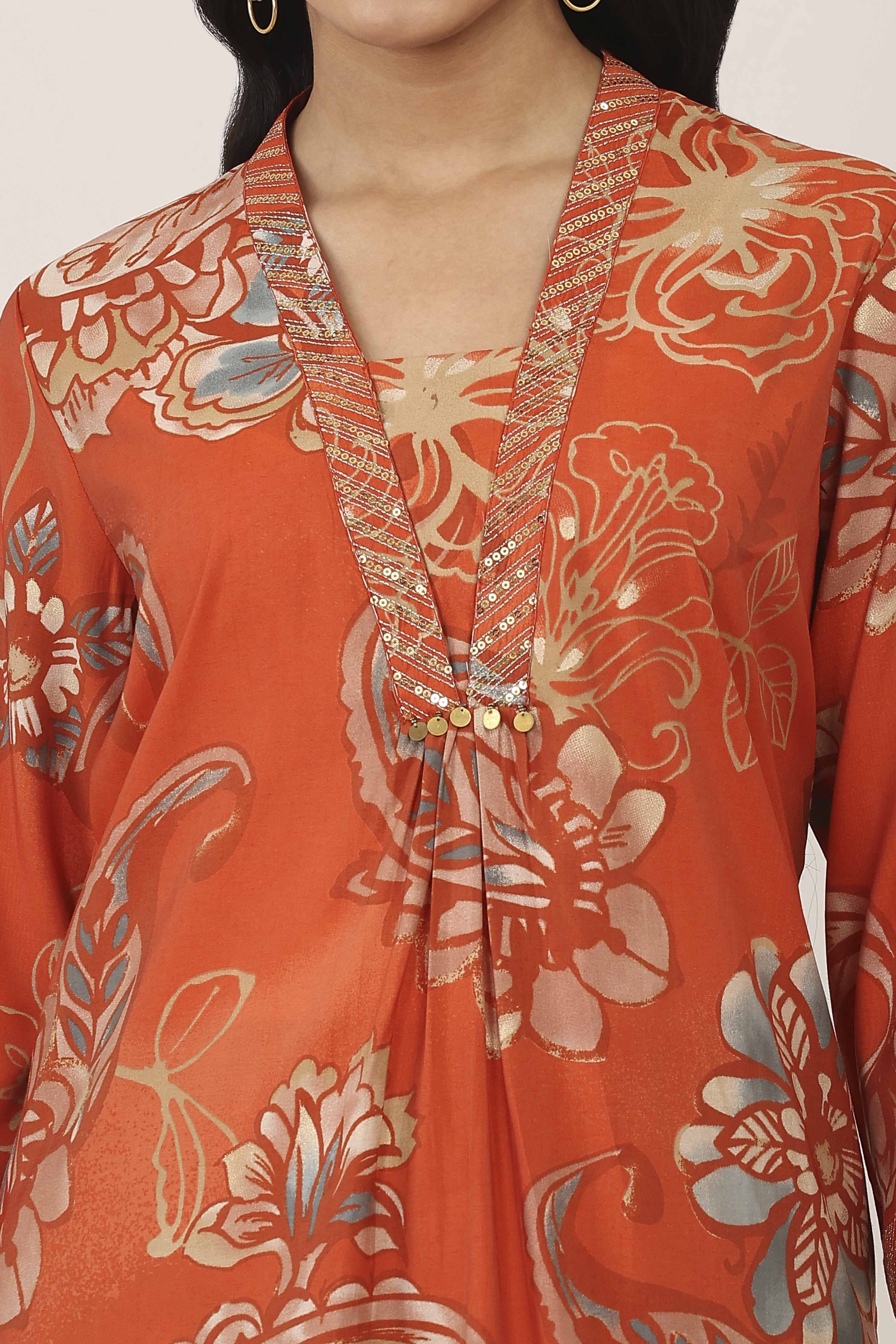 Orange Viscose Polyester Viscose Rayon Kurta Pants Set image number 1