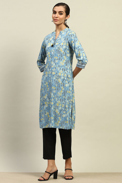 Aqua Rayon Printed Straight Kurta image number 2