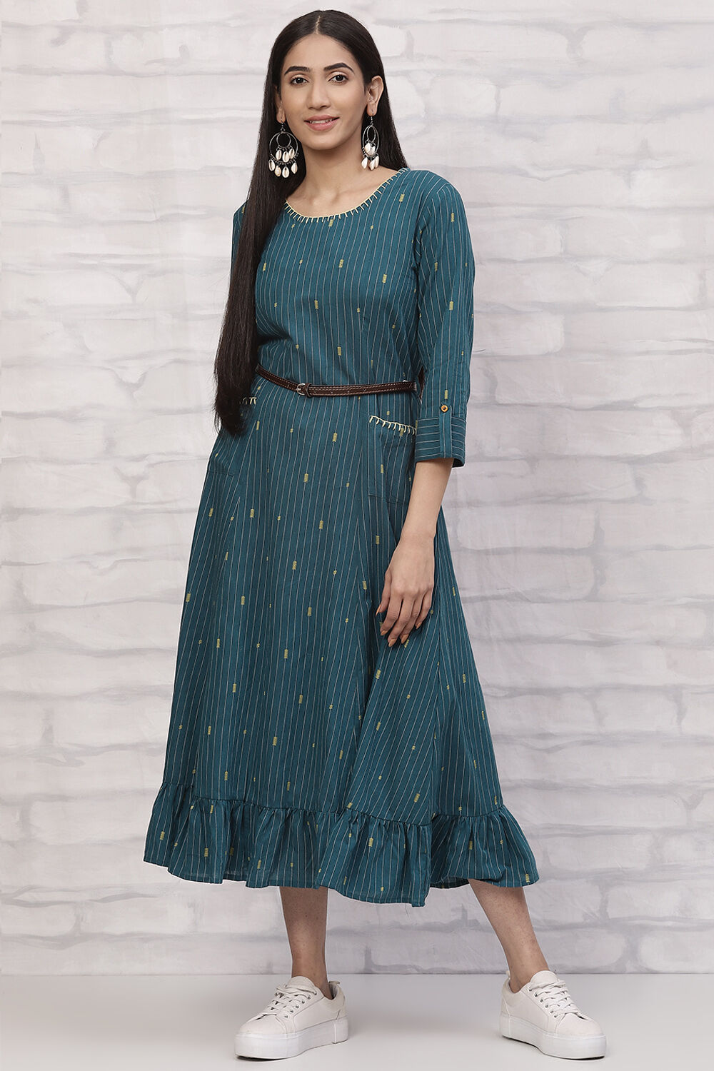 Buy Cobalt Green Poly Cotton Flared Dress 1N by Rangriti