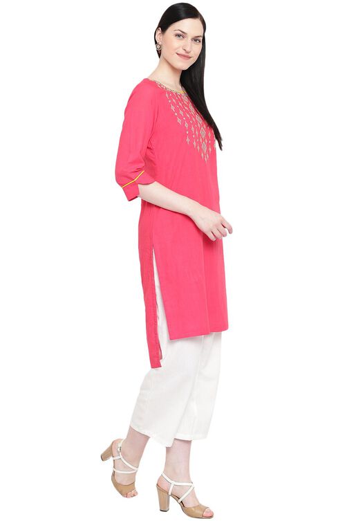 Coral Cotton Straight Kurta image number 3