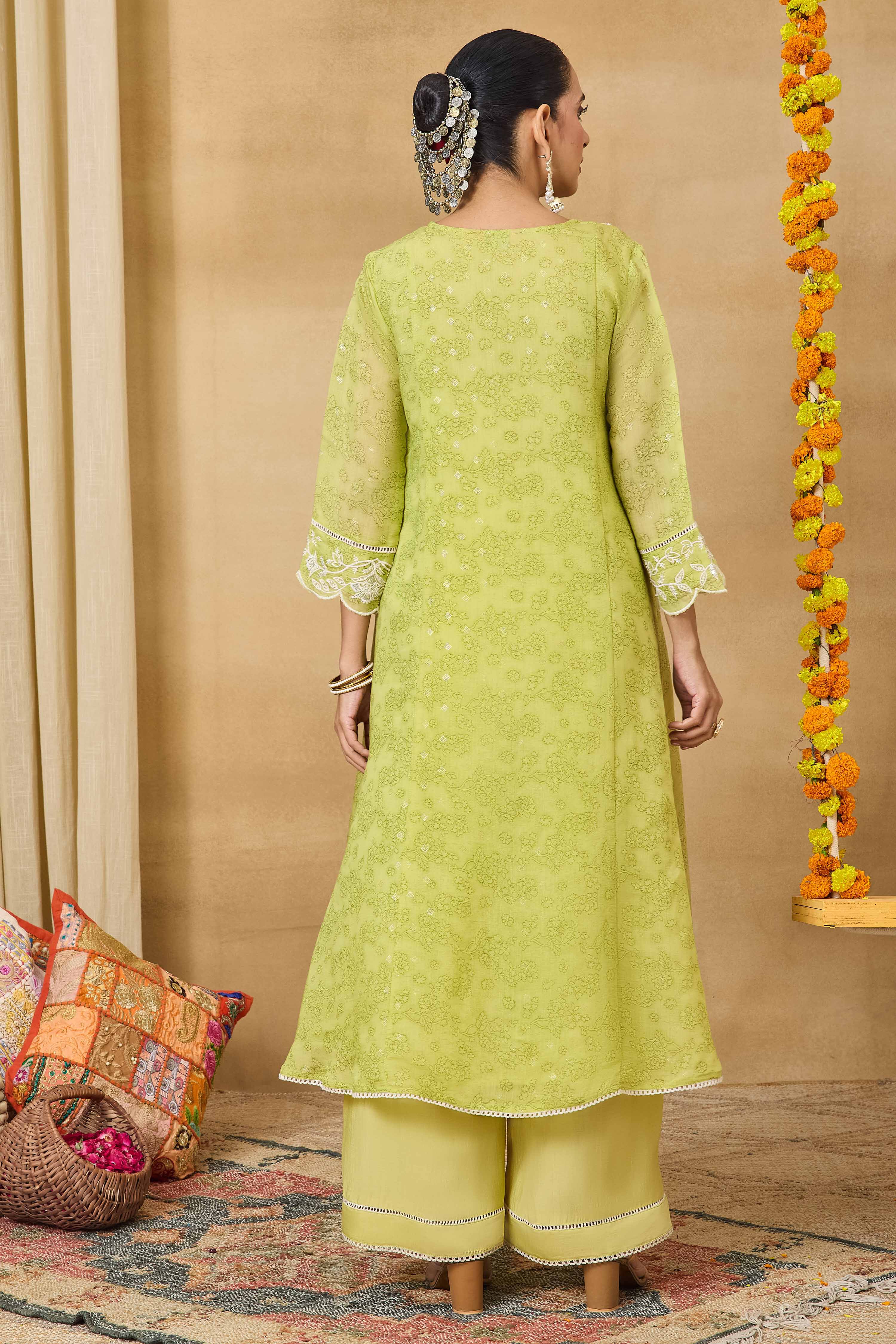Light Green Polyester A-Line Printed Suit Set image number 5