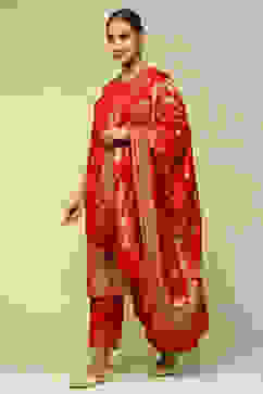 Red Acrylic Straight Yarn Dyed Kurta Palazzo Suit Set image number 3