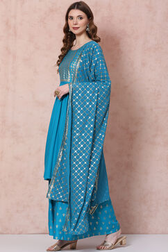 Teal Green Flared Printed Suit Set image number 5
