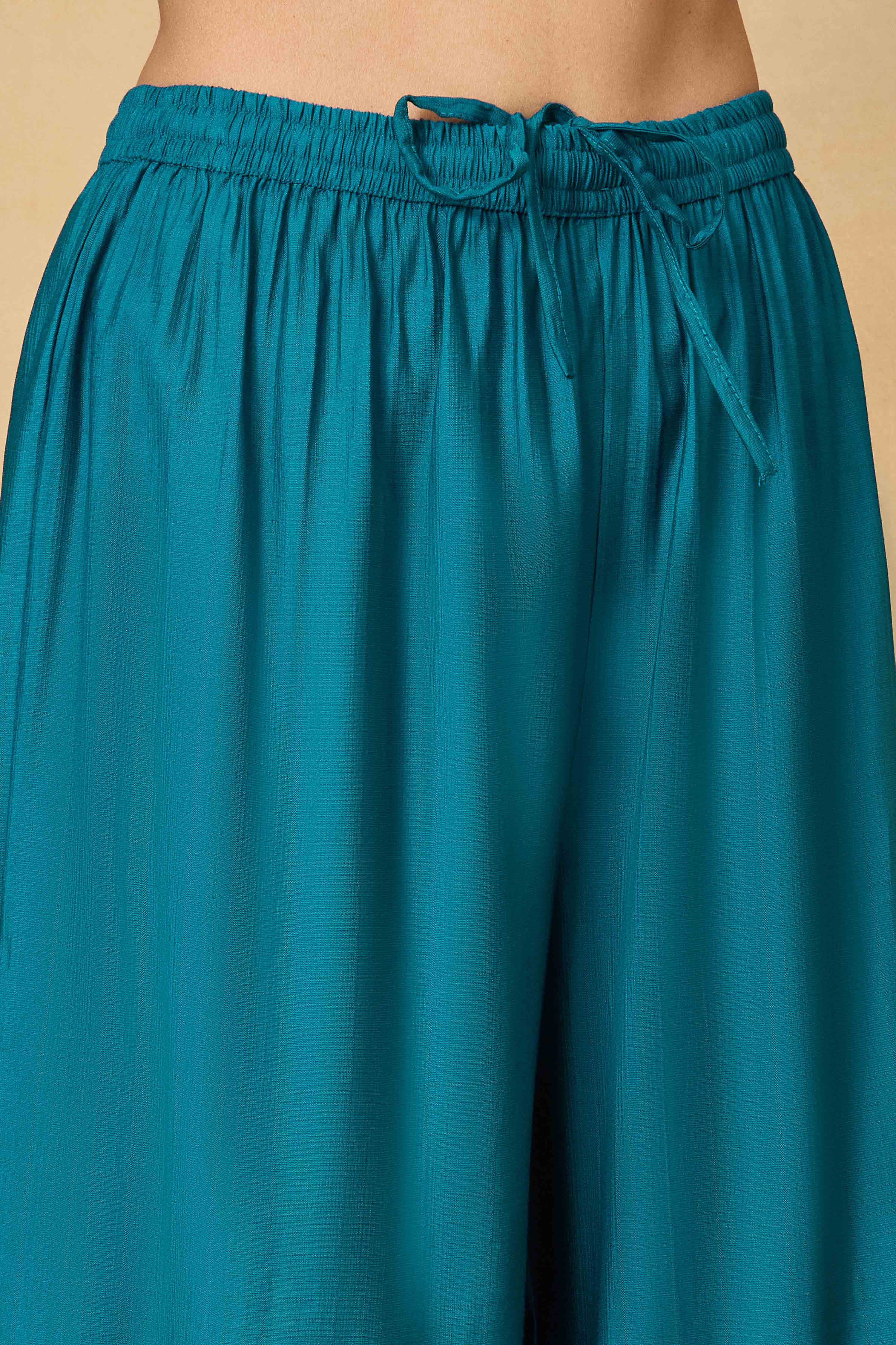Teal Viscose Blend Kalidar Solid Suit Set image number 2