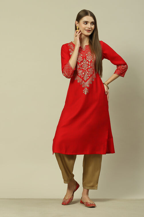 Red LIVA Straight Printed Kurta image number 0