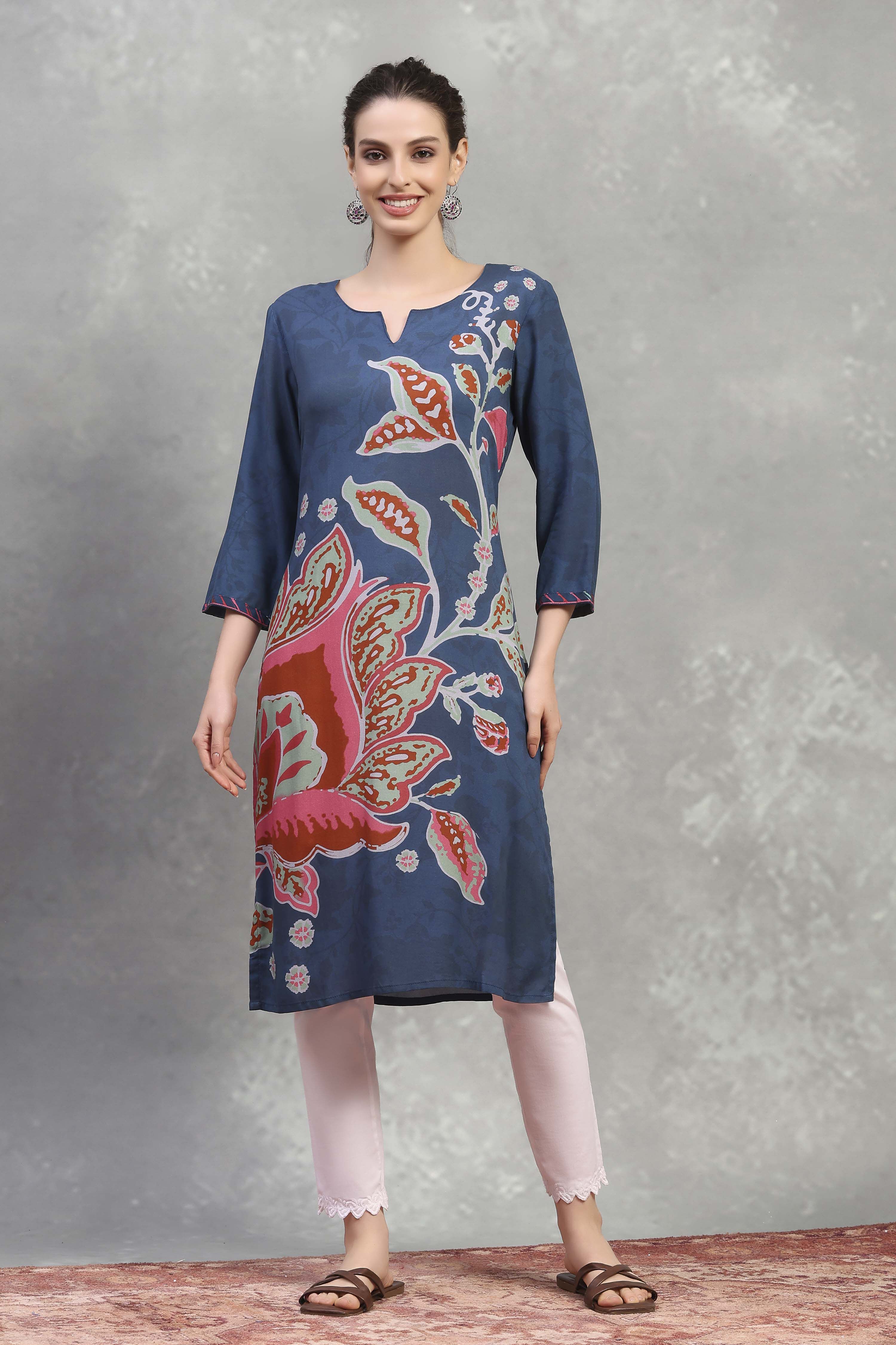 Blue Viscose Rayon Printed Straight Kurta image number 5