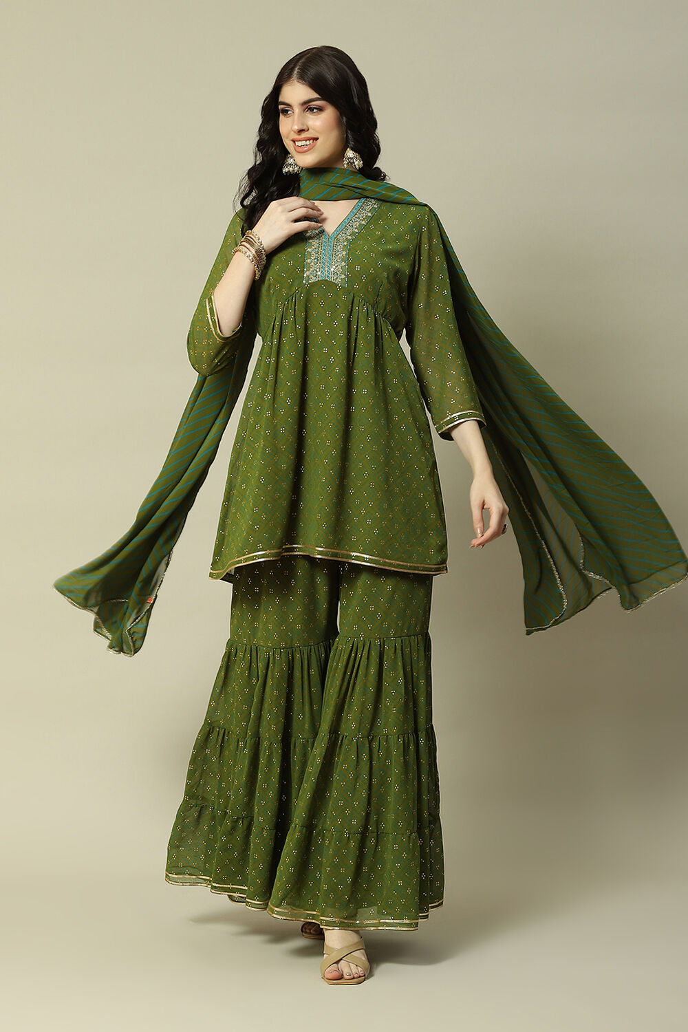 Green Viscose Gathered Printed Kurta Sharara Suit Set image number 0