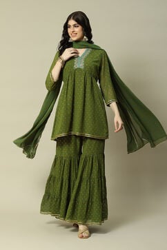 Green Viscose Gathered Printed Kurta Sharara Suit Set image number 1