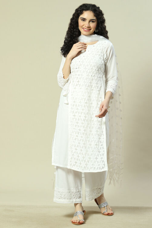 White Cotton Straight Suit Set image number 7