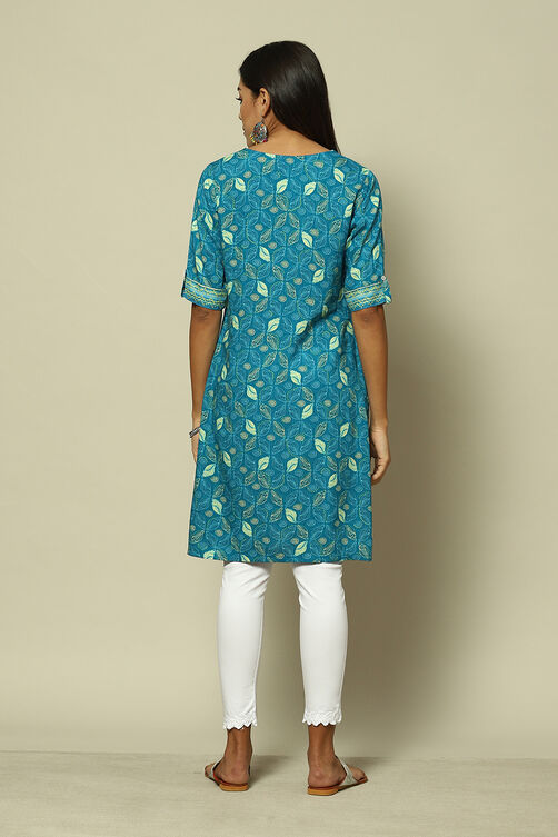 Teal Blue Viscose Straight Printed Kurta image number 4