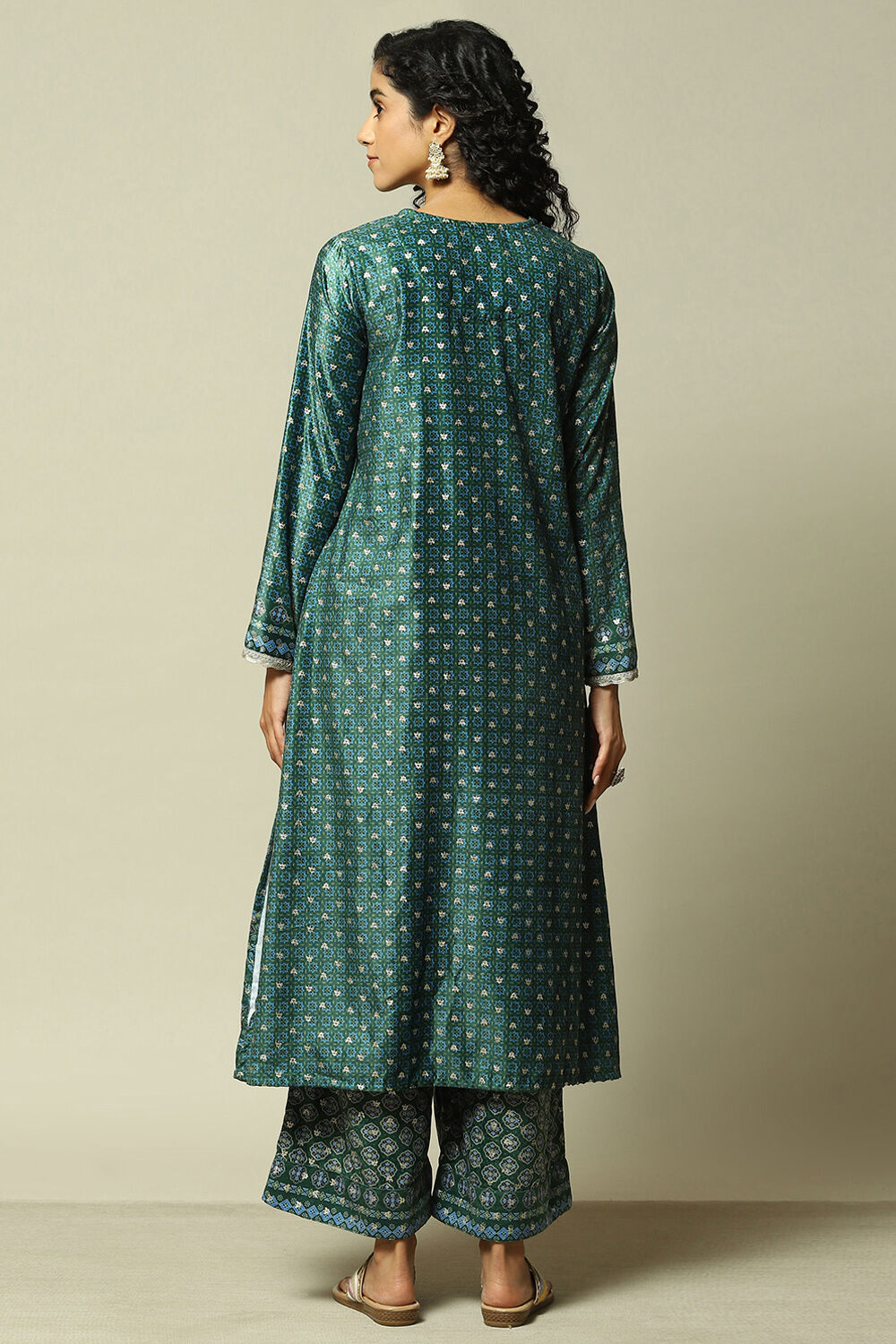 Green Polyester Straight Printed Kurta Palazzo Suit Set image number 5