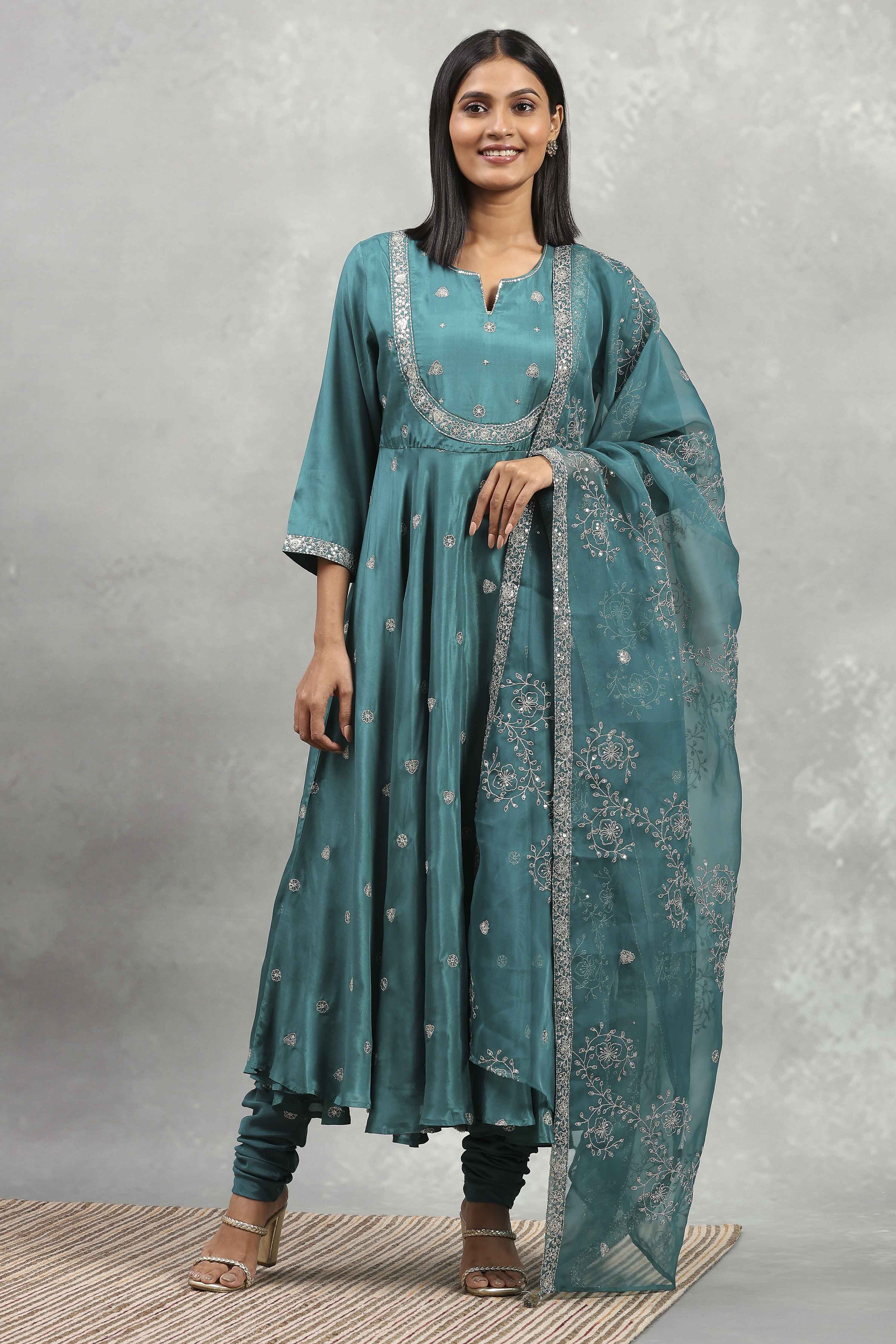 Teal Green Viscose Rayon Embroidered Anarkali Suit Set image number 6