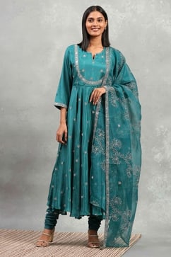 Teal Green Viscose Rayon Embroidered Anarkali Suit Set image number 6