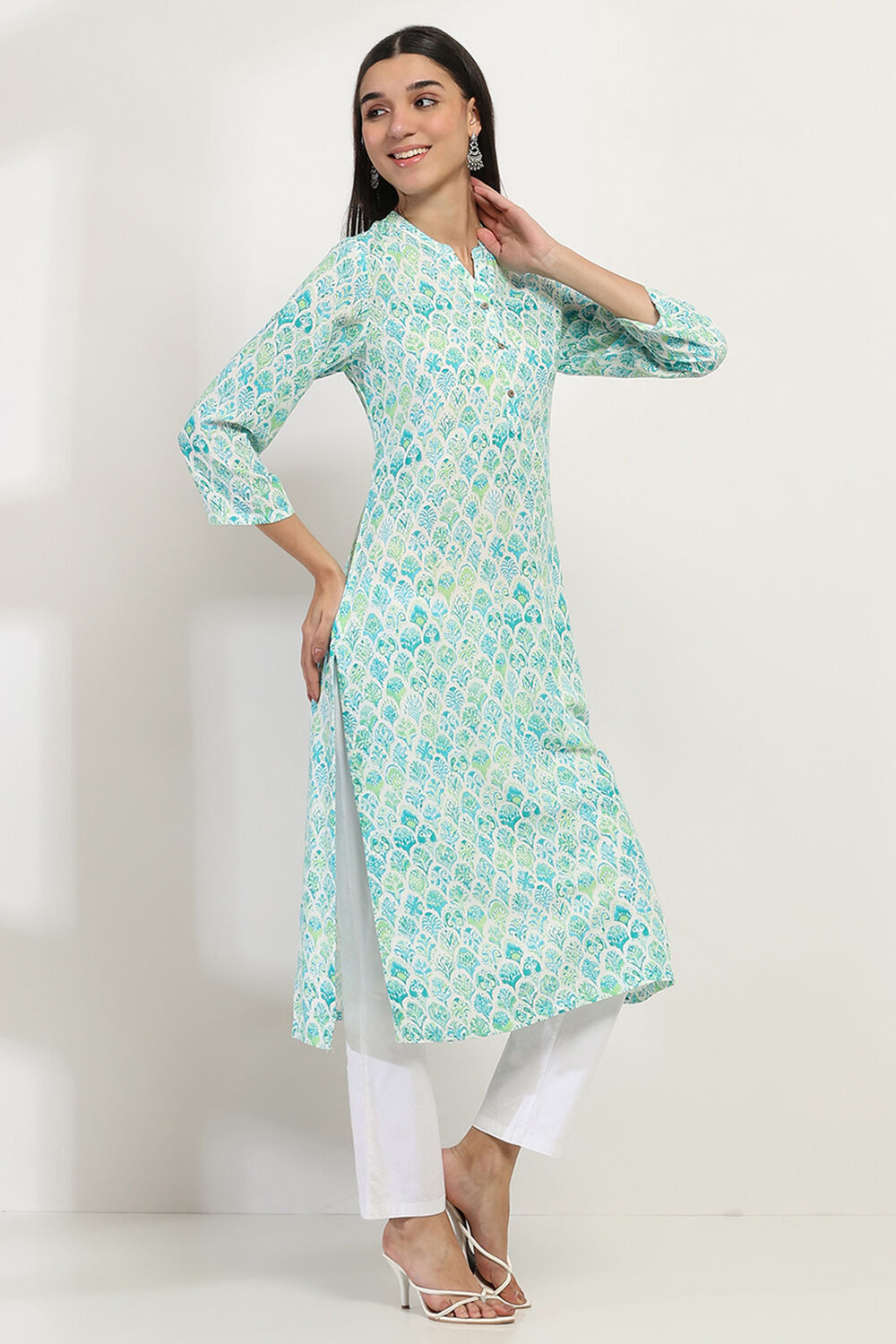 Sea Green Printed Straight Kurta image number 4