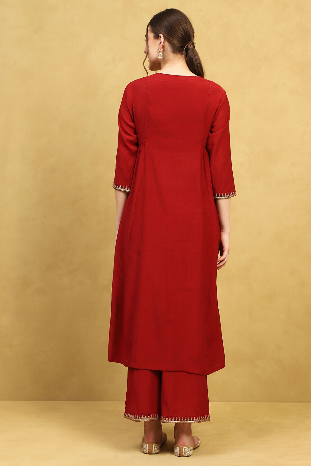 Red Viscose Blend Embroidered Flared Suit Set image number 4
