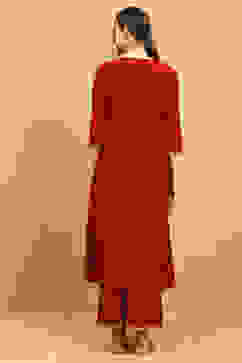 Red Viscose Blend Embroidered Flared Suit Set image number 4