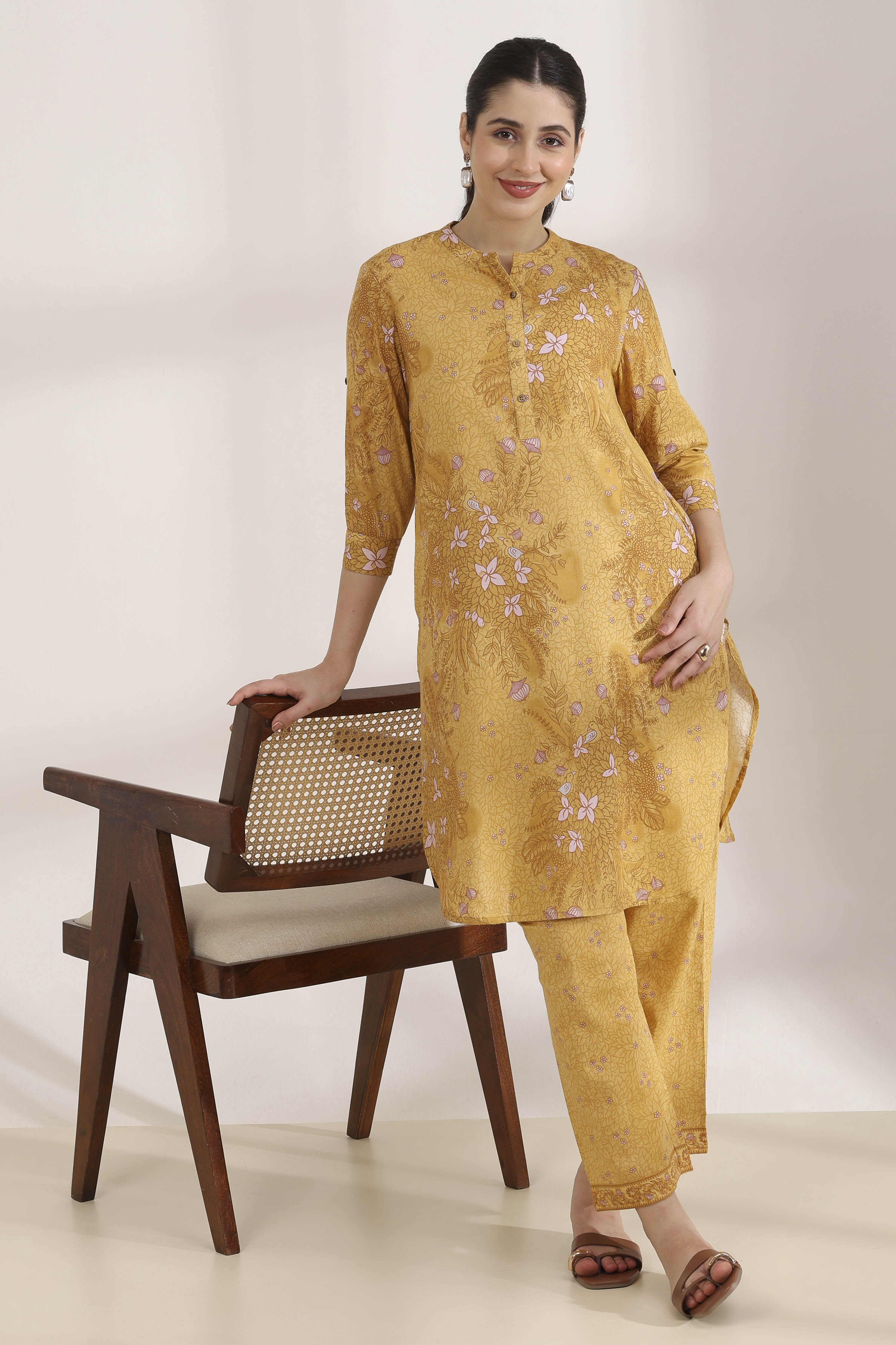 Yellow Cotton Flex Straight Printed Kurta Pants Set image number 0
