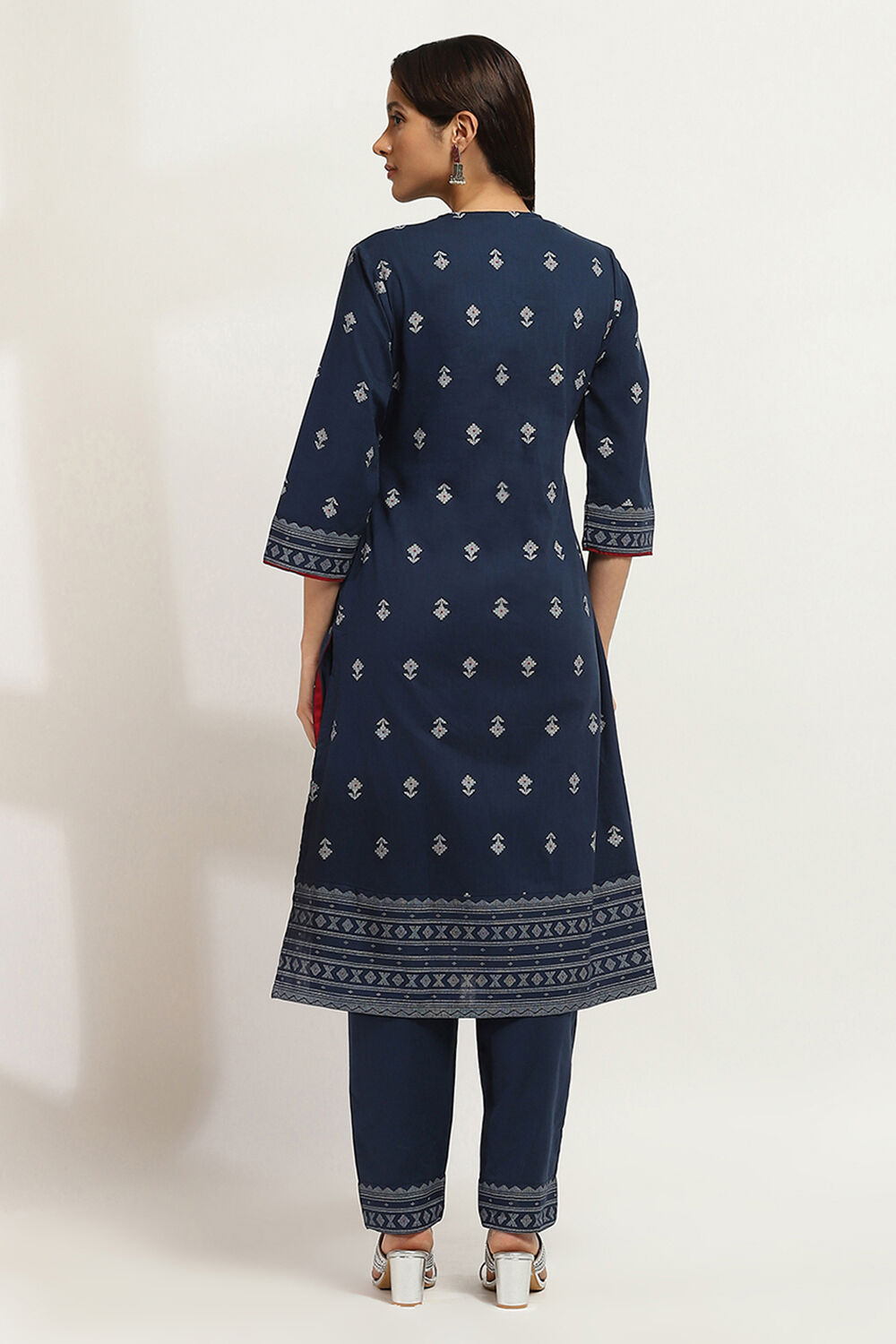 Navy Blue Cotton Printed Straight Kurta Set image number 4