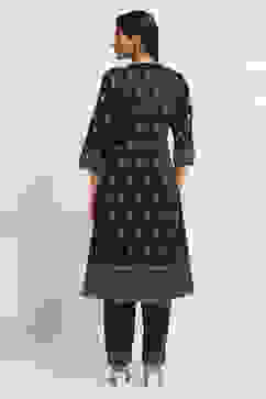 Navy Blue Cotton Printed Straight Kurta Set image number 4