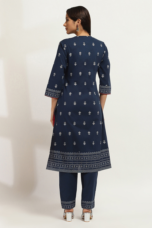 Navy Blue Cotton Printed Straight Kurta Set image number 4