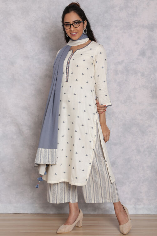 Ecru Cotton Straight Suit Set image number 3