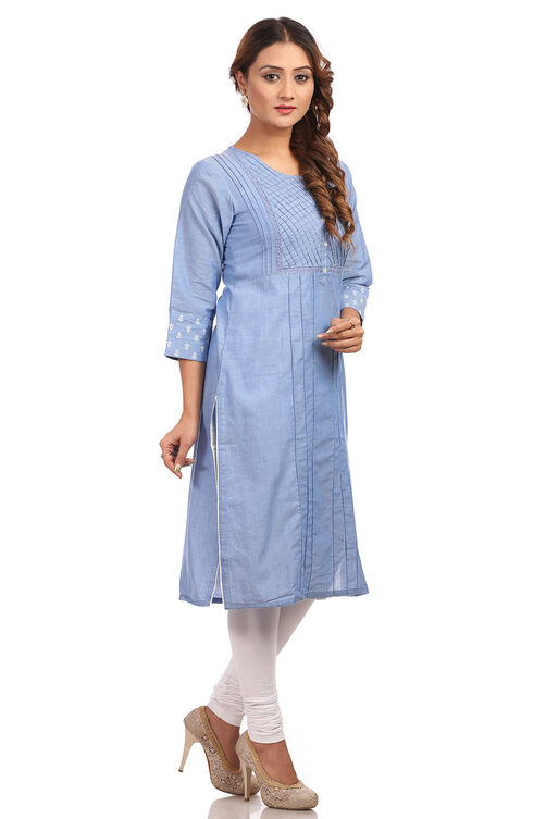 Blue Straight Cotton Kurta image number 3