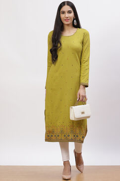 Olive Green Acrylic Straight Kurta image number 3