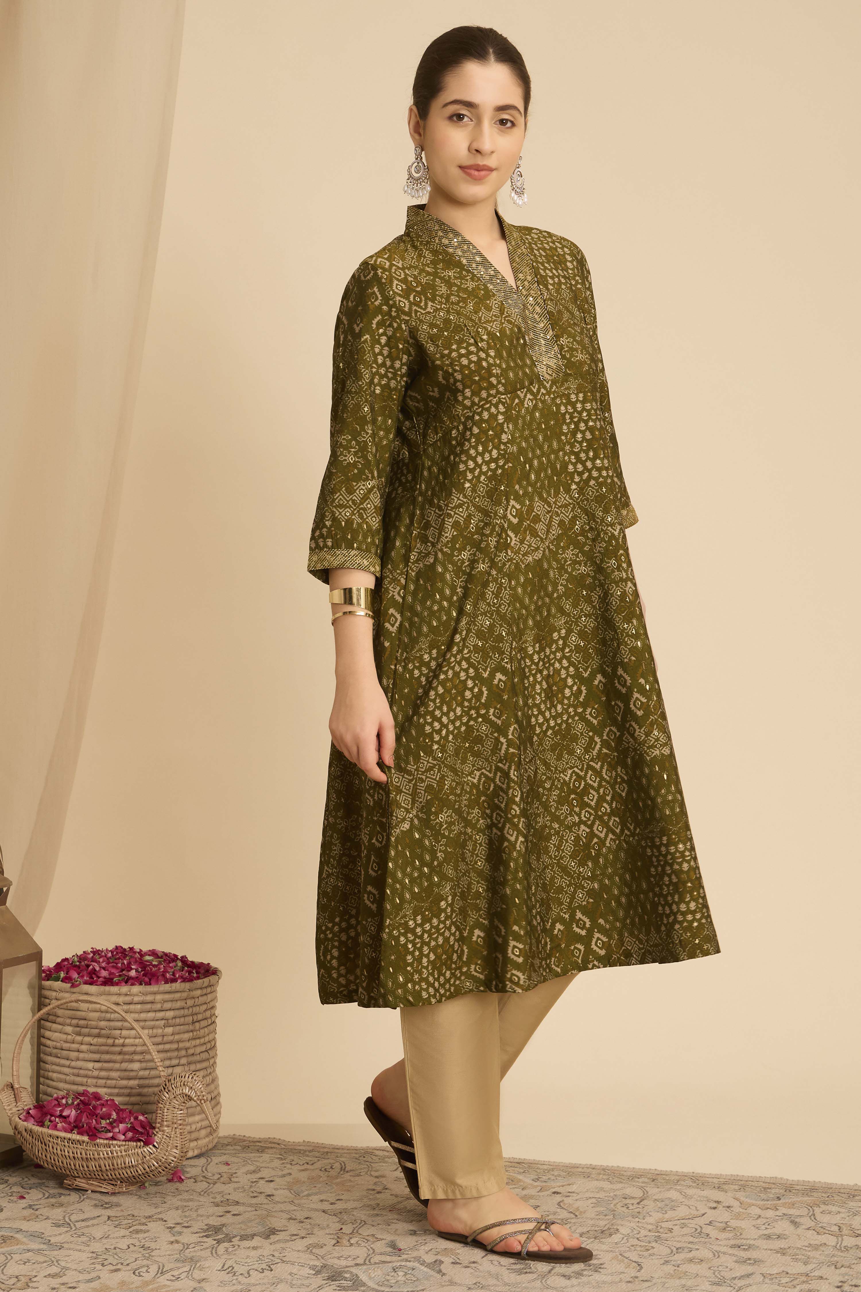 Green Viscose Blend A-Line Printed Kurta image number 3
