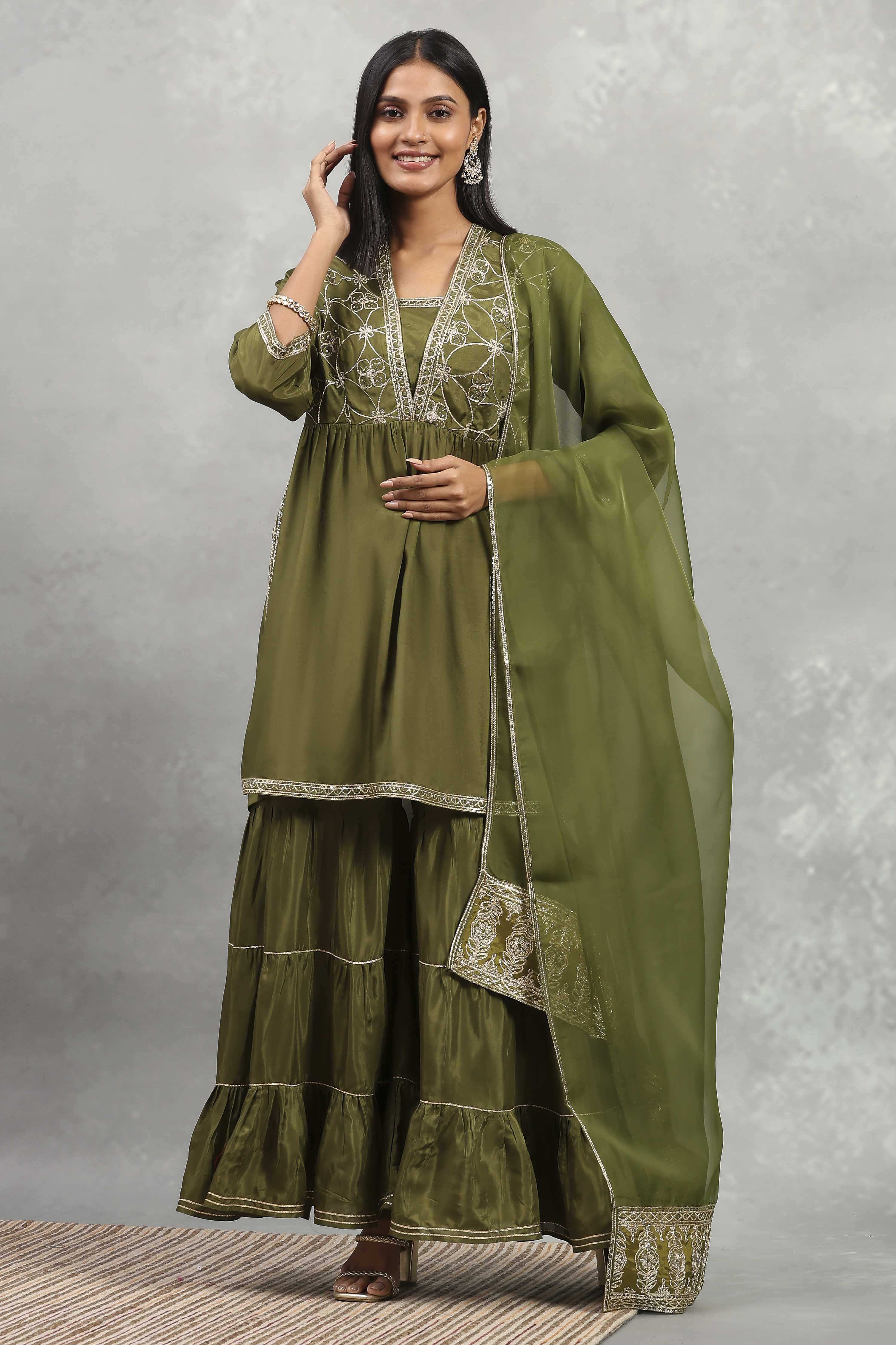 Green Viscose Rayon Solid Gathered Sharara Suit Set image number 0