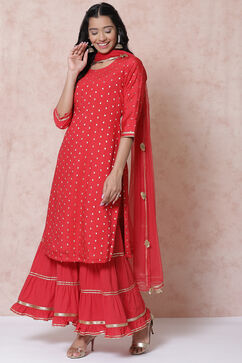 Red Poly Cotton Straight Suit Set image number 0