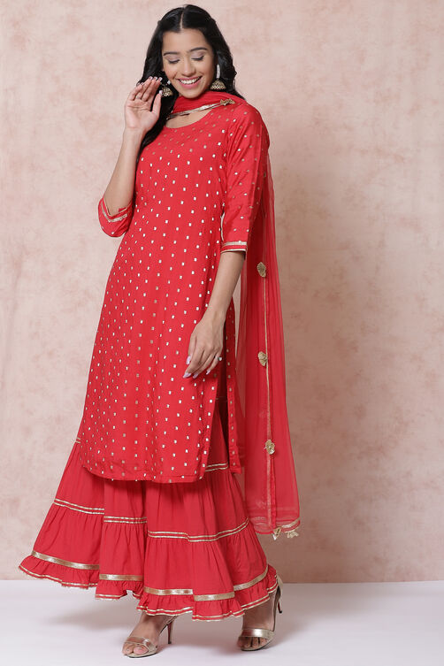 Red Poly Cotton Straight Suit Set image number 0