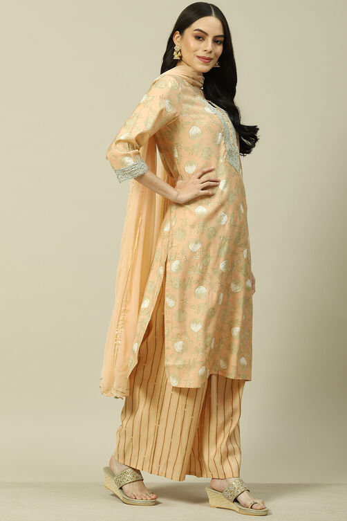 Peach Cotton Blend Woven Straight Kurta Suit Set image number 6
