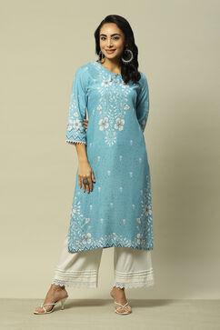 Blue LIVA Straight Printed Kurta image number 0