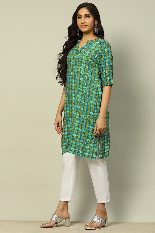 Blue Geometric Printed Straight Kurta image number 2