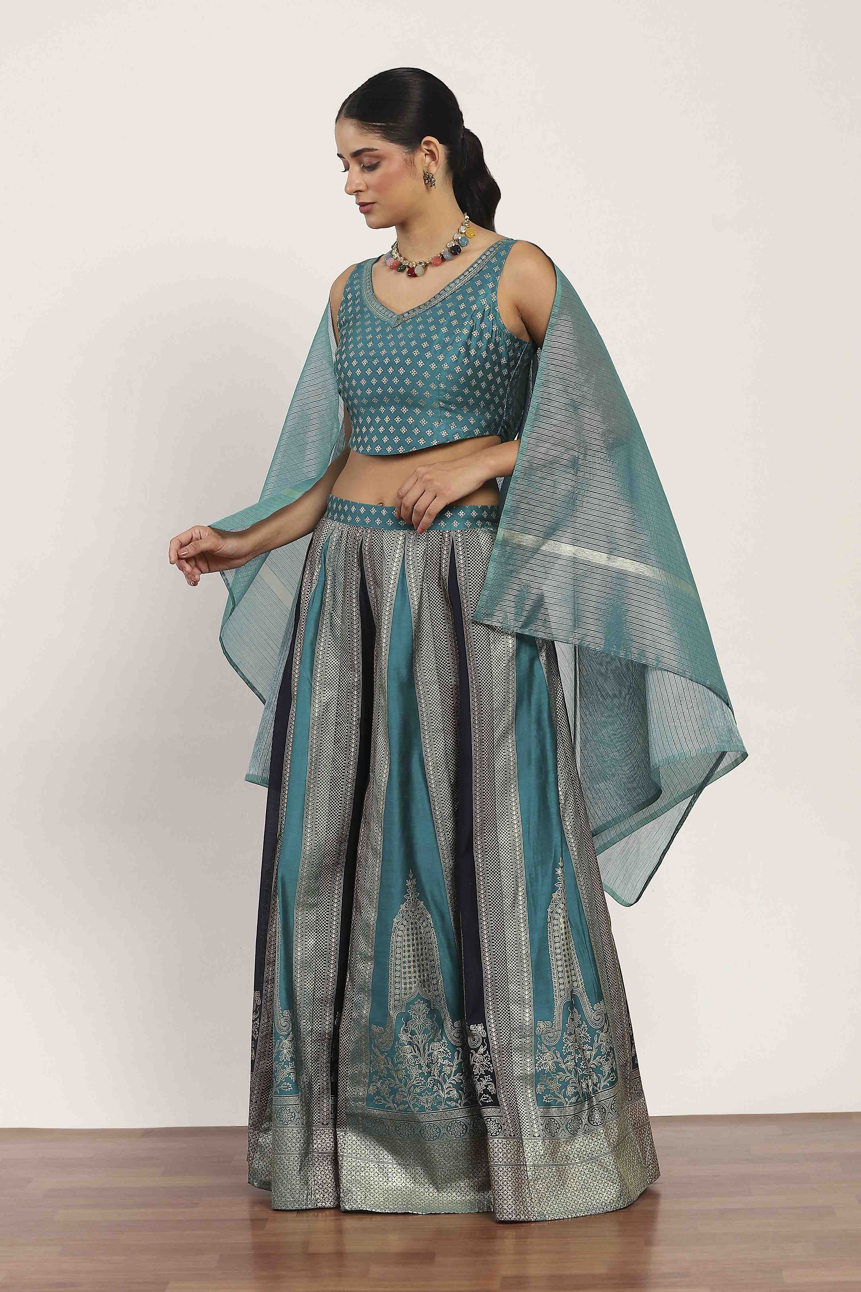 Teal Polyester Kalidar Lehenga Set image number 6