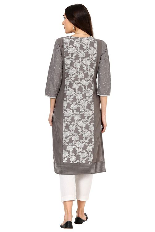 Grey Straight Cotton Kurta image number 3