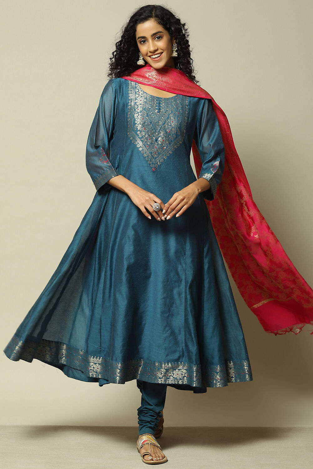 Buy Blue Polyester Kalidar Yarndyed Kurta Legging Suit Set 3N by Rangriti