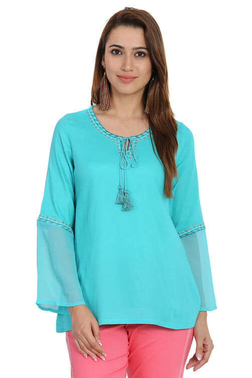 Blue Flared Viscose Indie Top image number 0