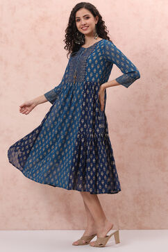 Blue Art Silk Tiered Dress image number 2