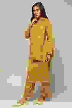 Mustard Circular Jacquard Straight Printed Kurta Palazzo Suit Set image number 3