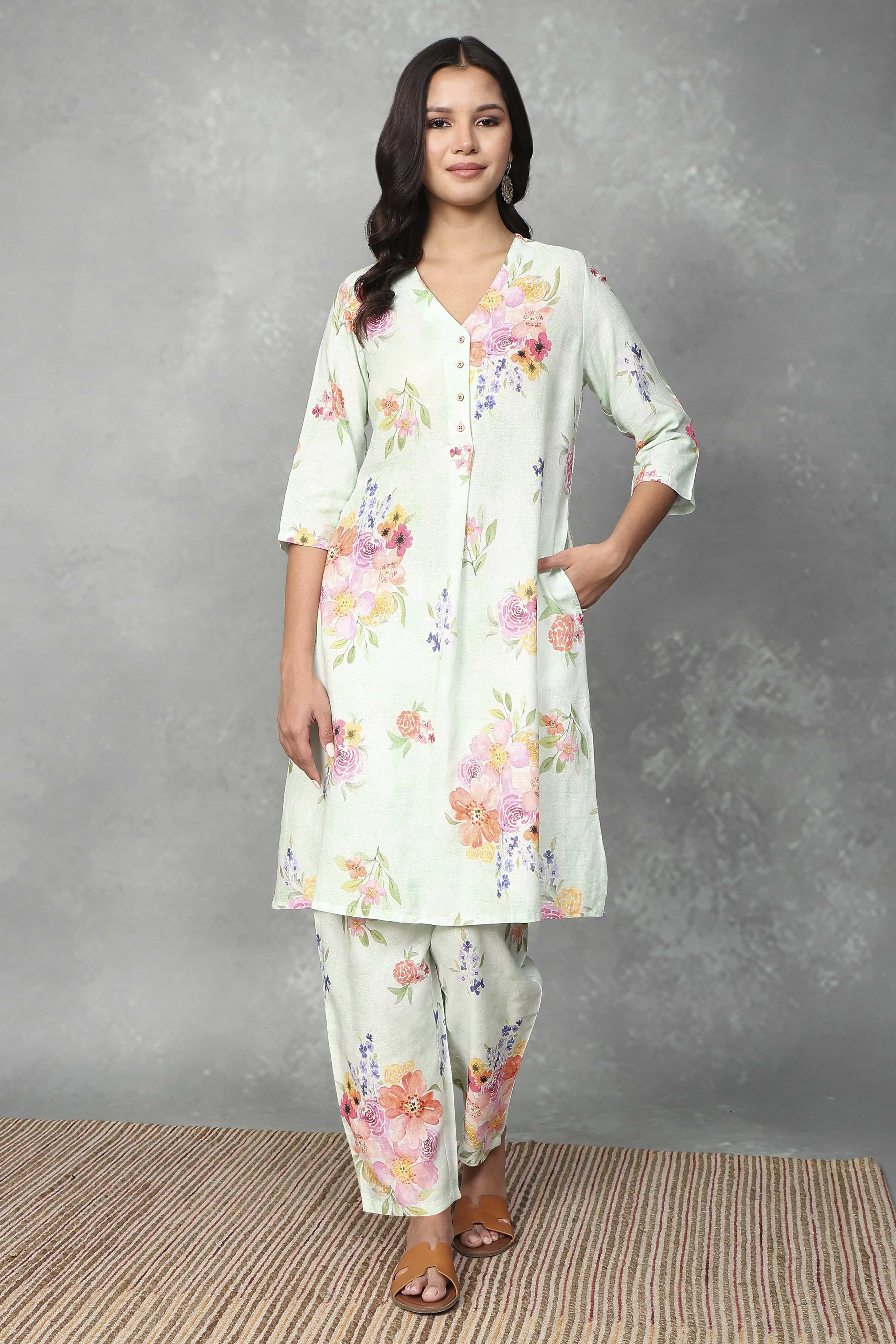 Green Viscose Rayon Kurta Pants Set image number 6