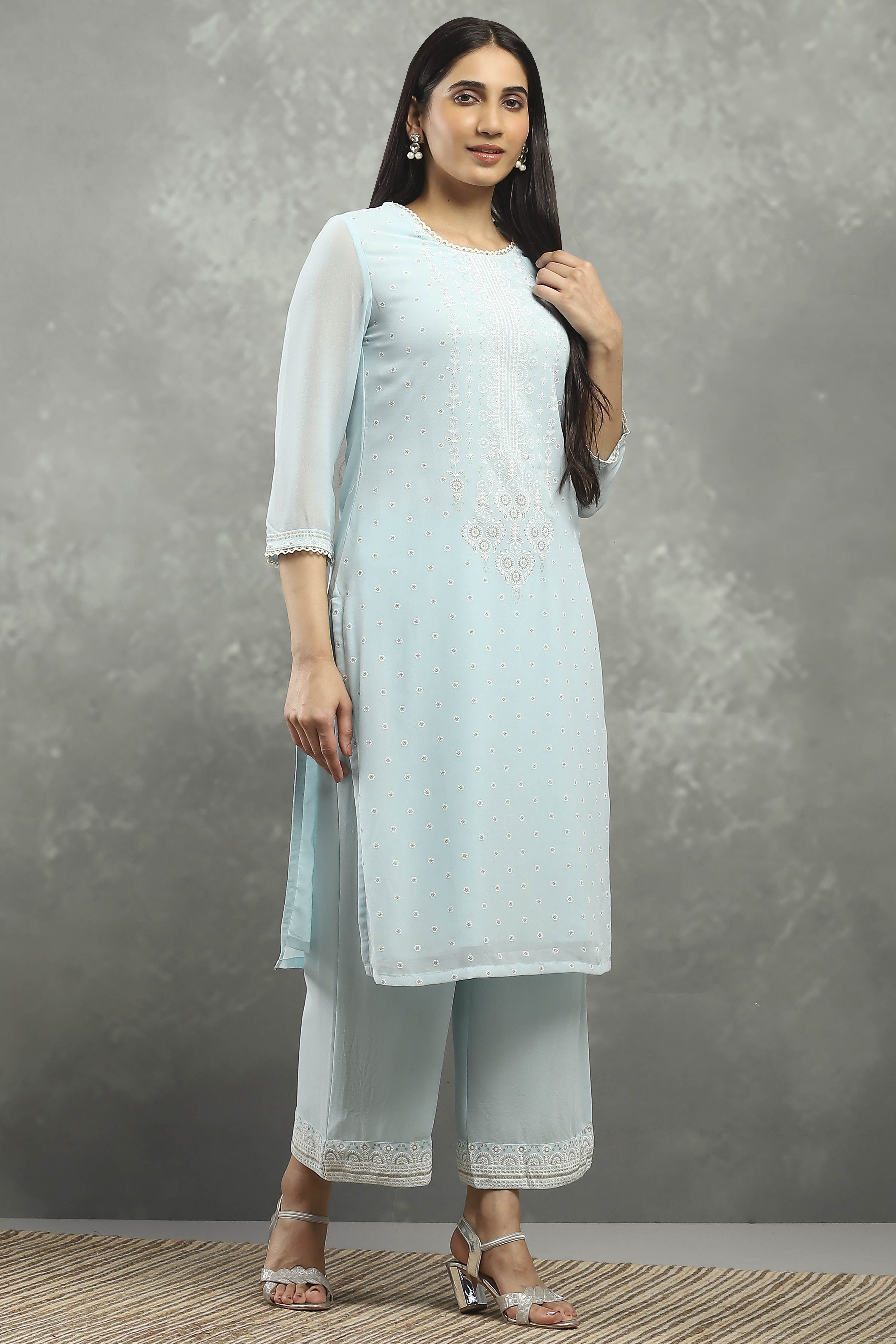 Blue Viscose Straight Kurta Pants Set image number 5