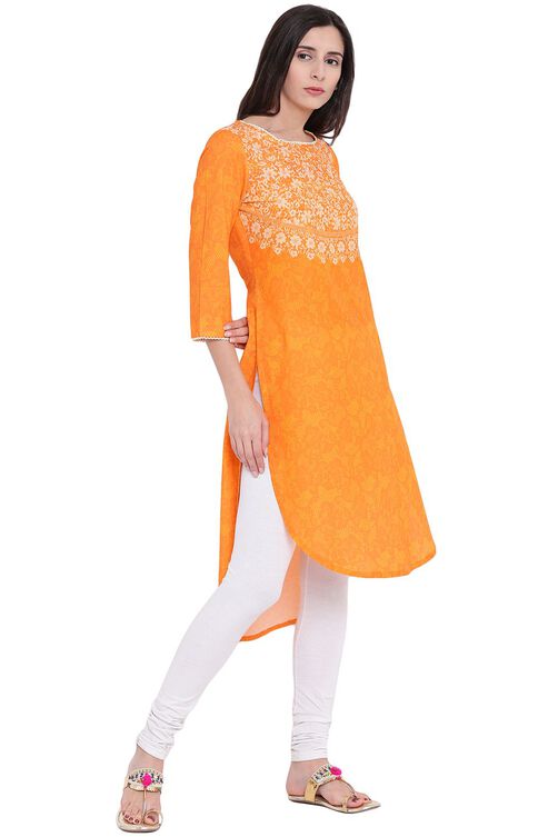 Orange Cotton Straight Kurta image number 3