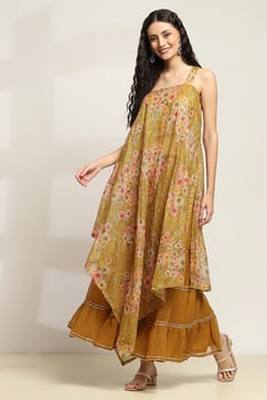 Yellow Poly Georgette Asymmetric Printed Kurta Sharara Suit Set image number 3