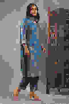 Teal Blue Viscose Rayon Printed Straight Suit Set image number 5