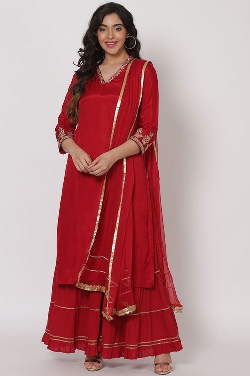 Maroon Viscose And Cotton Straight Suit Set image number 4