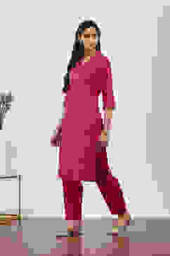 Pink Viscose Rayon Kurta Pants Set image number 3