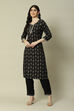 Black Cotton Blend Straight Printed Kurta Palazzo Suit Set image number 3