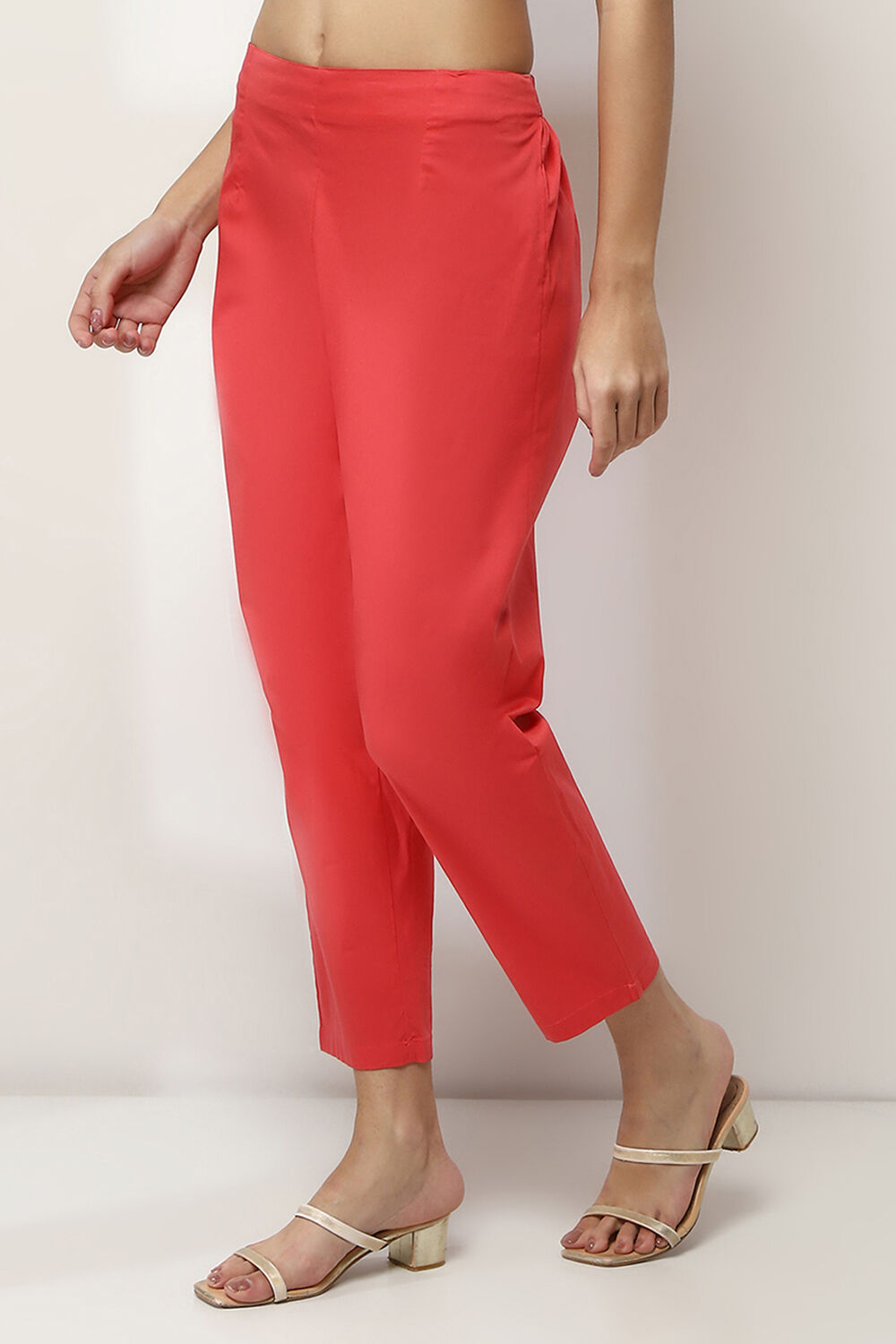 Coral Cotton Lycra Solid Regular Pants image number 2